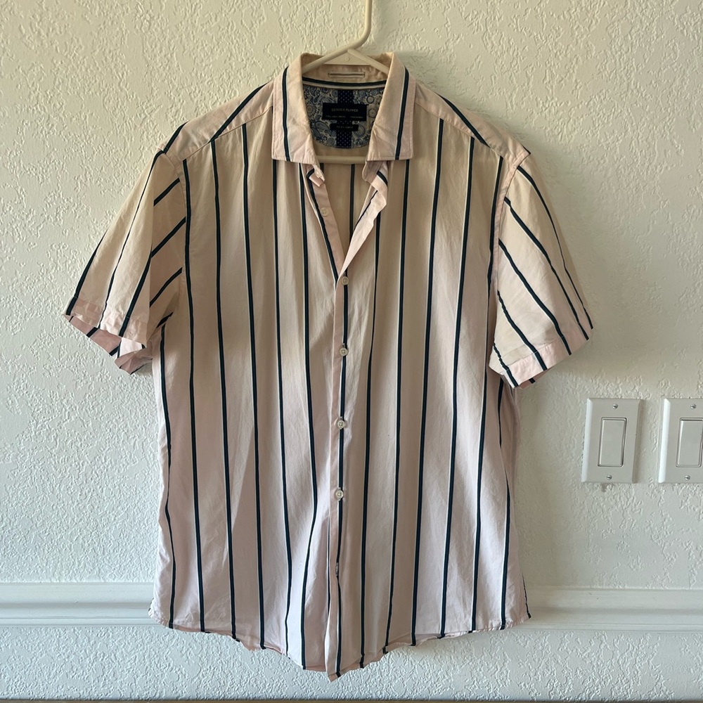 80s Inspired 100% Cotton Denim & Flower Light Pink Striped Casual Shirt